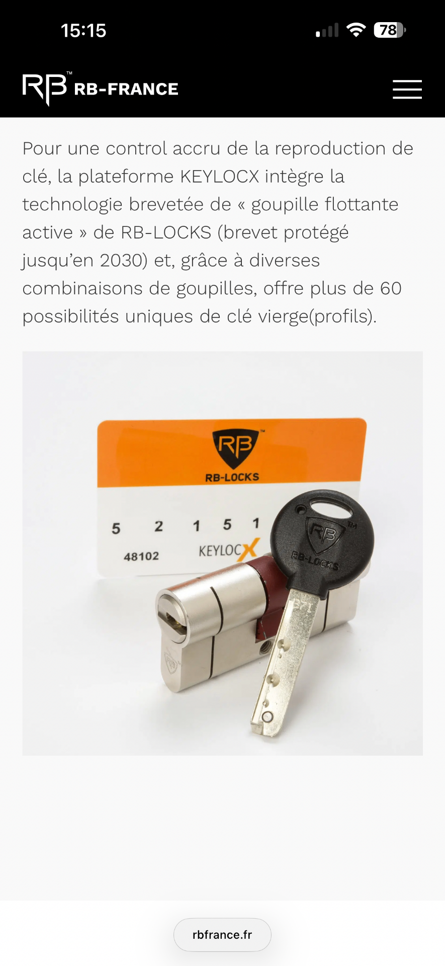 Cylindre KeyLocX de RB-LOCKS avec sa clé protégée et sa carte de propriété KeyLocX