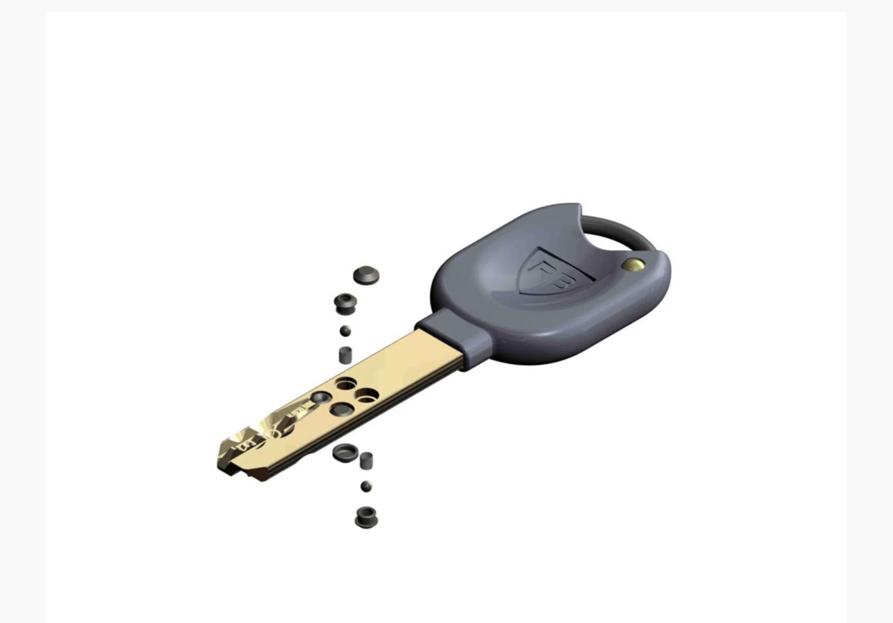 Vue éclatée d'une clé RB-LOCKS montrant la technologie brevetée de goupille flottante active