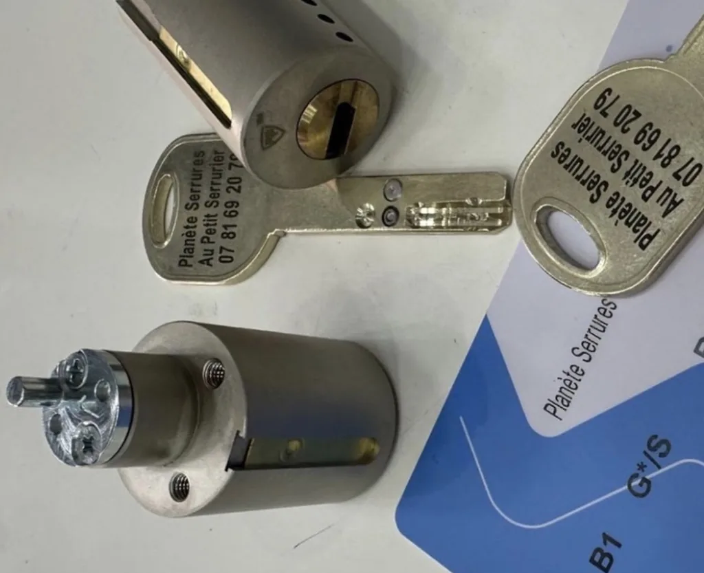 Cylindre adaptable, clés gravées « Planète Serrures · Au Petit Serrurier » et carte de propriété